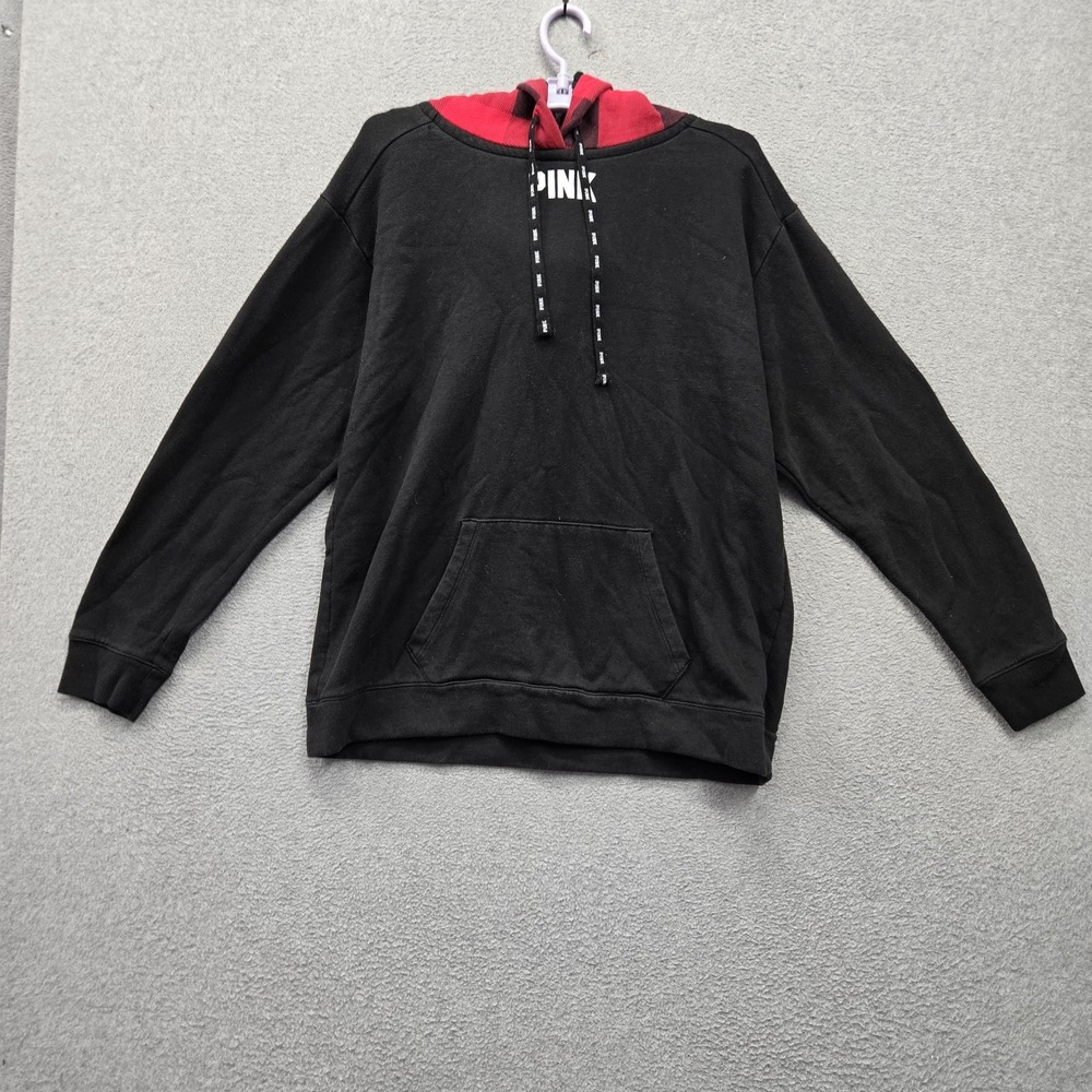 Victoria's Secret PINK Women Hoodie M Black Plaid Logo Spellout Drawstring READ